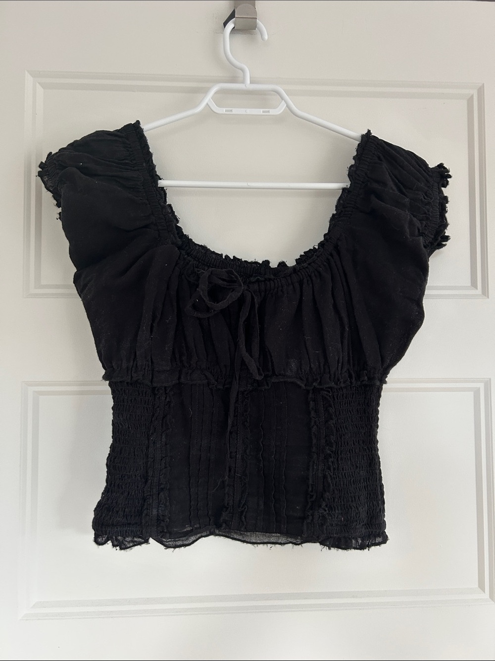 RD Style Black Smocked Crop Peasant Top